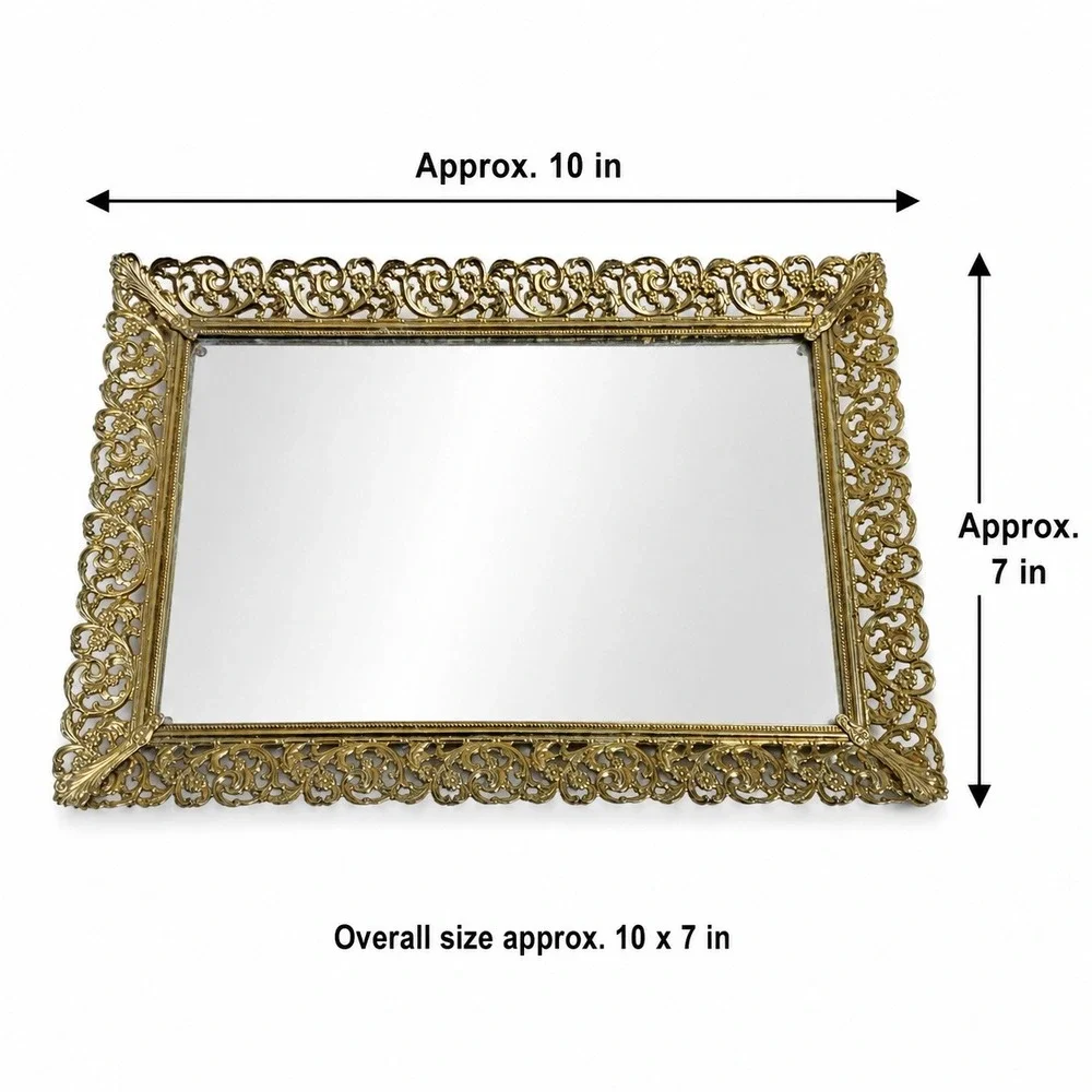 Vanity Mirror Tray Unisex 10x7 Gold Good Ornate Filigree Hollywood Glam